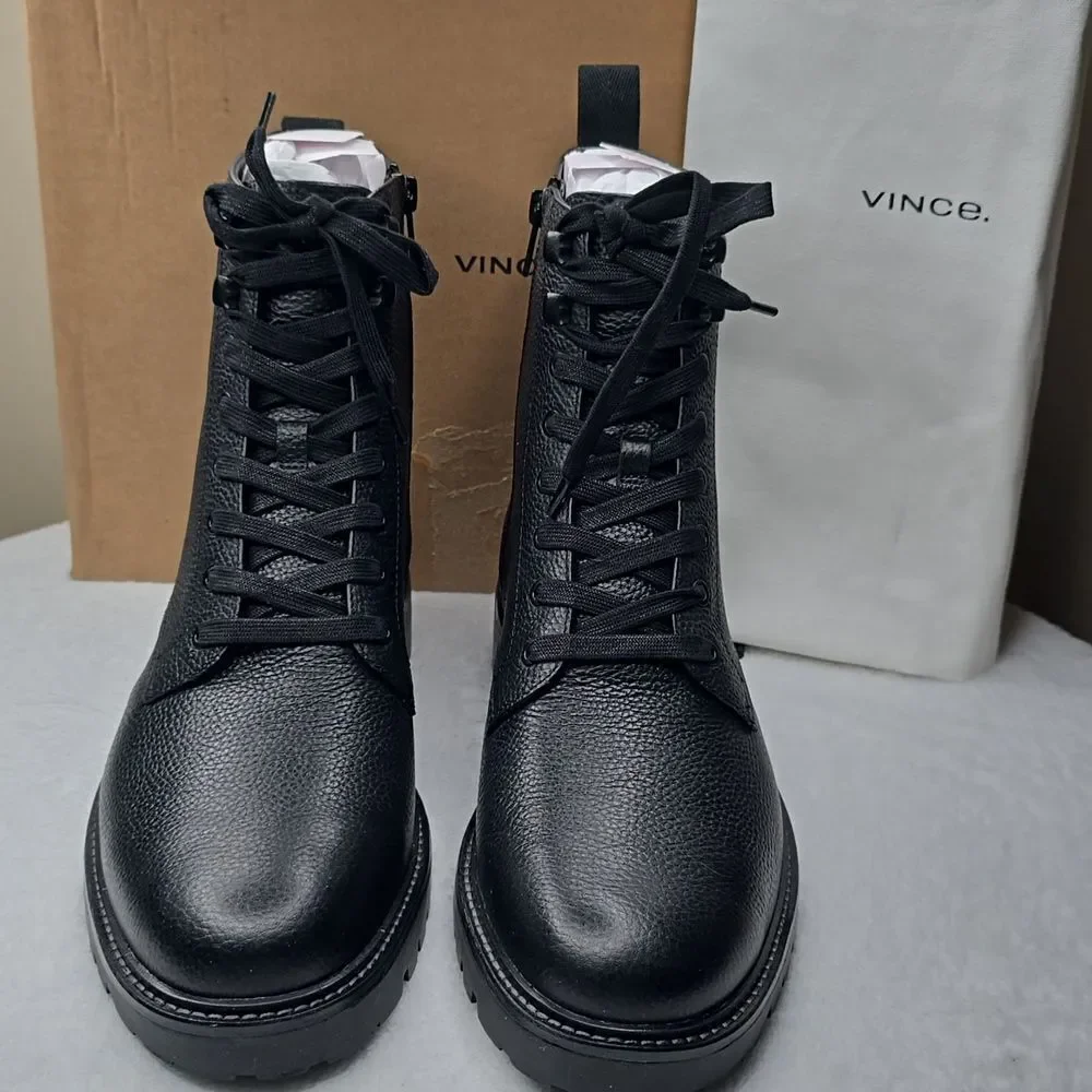 Vince Dominic Leather Combat Boots Black Lug Sole Lace Up NIB Sz 10